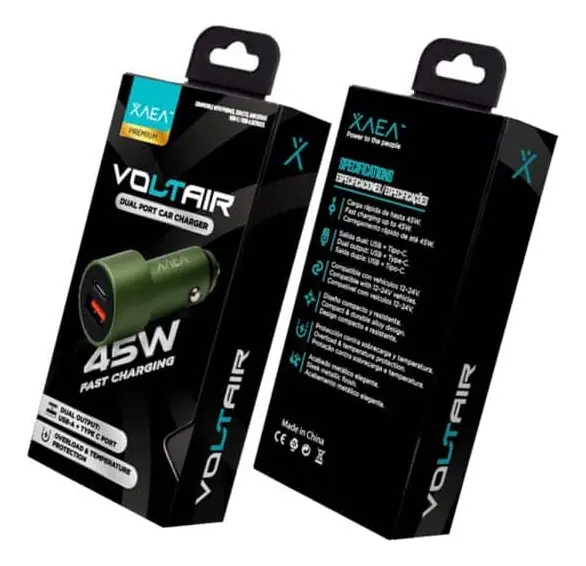 Cargador 12V USB + Tipo C Carga Rapida Sin cable Negro Voltair PREMIUM - Only - MODx517