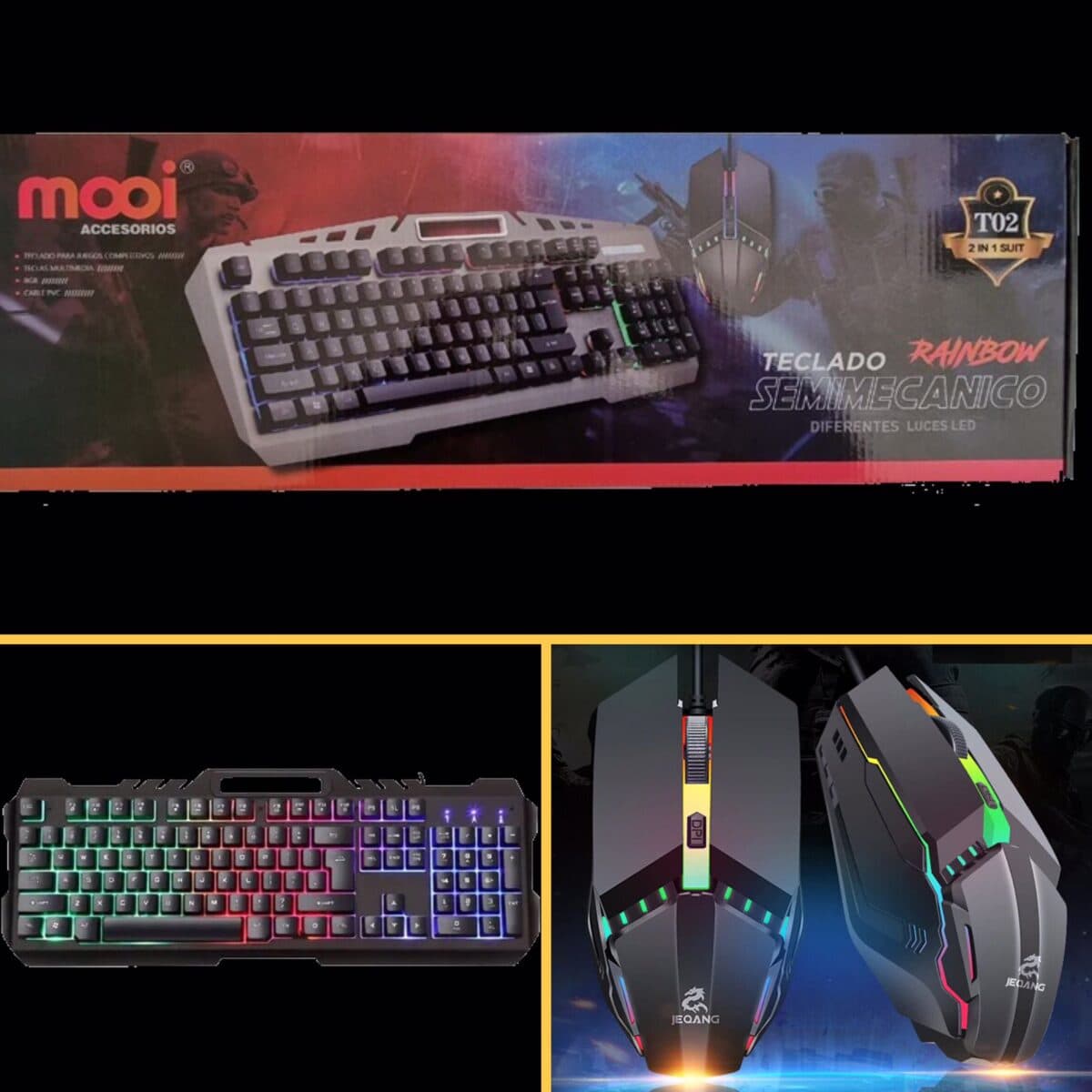 Kit teclado y mouse cableados retroiluminado semimecanico Rainbow T02 - MOOI